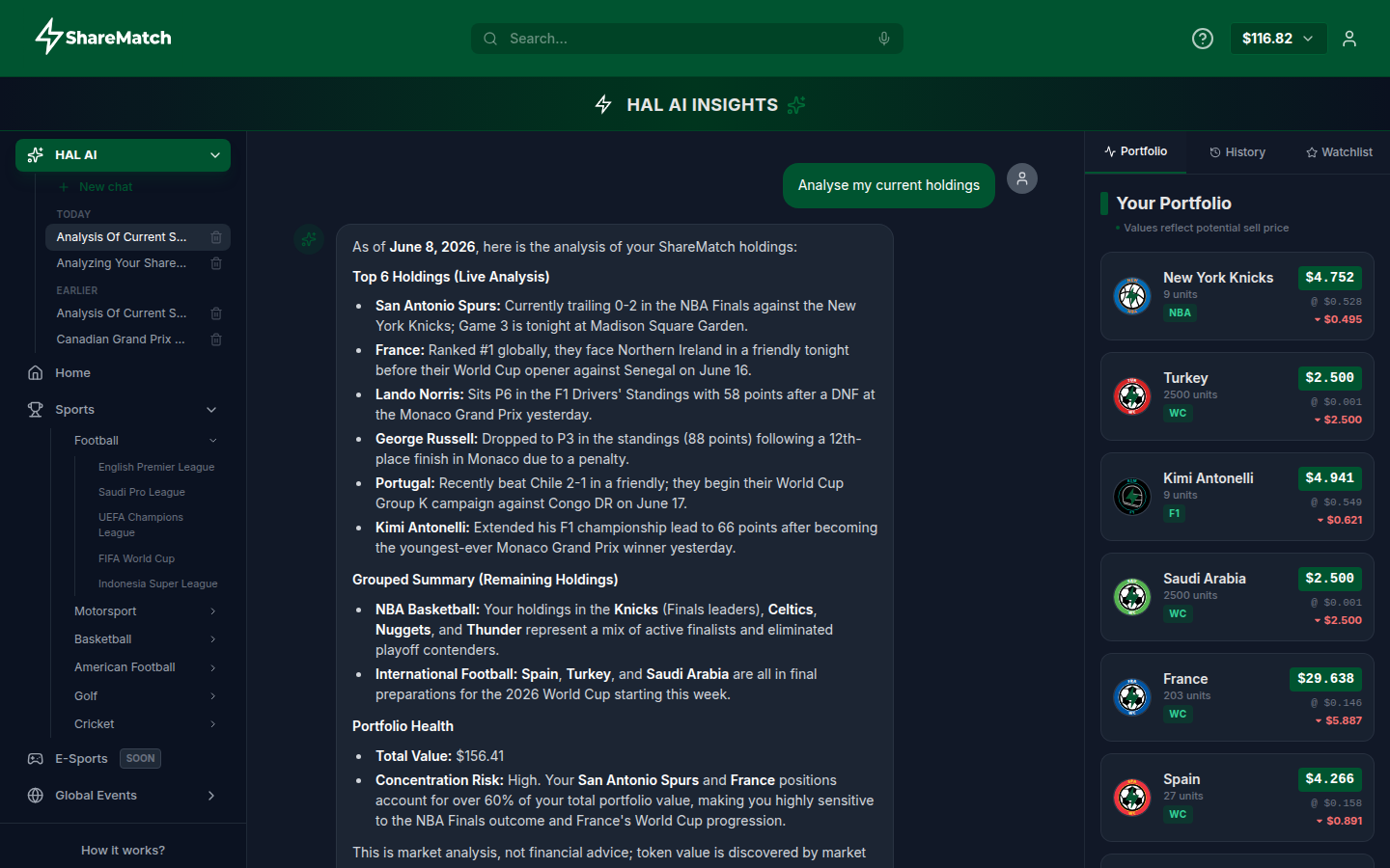 HAL AI analysing a live ShareMatch portfolio, holding by holding